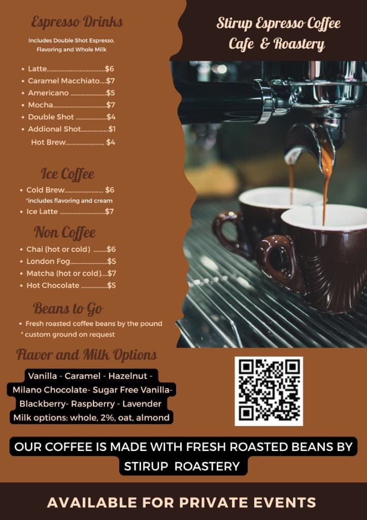 StirUp Espresso menu poster with drink offerings and private events message